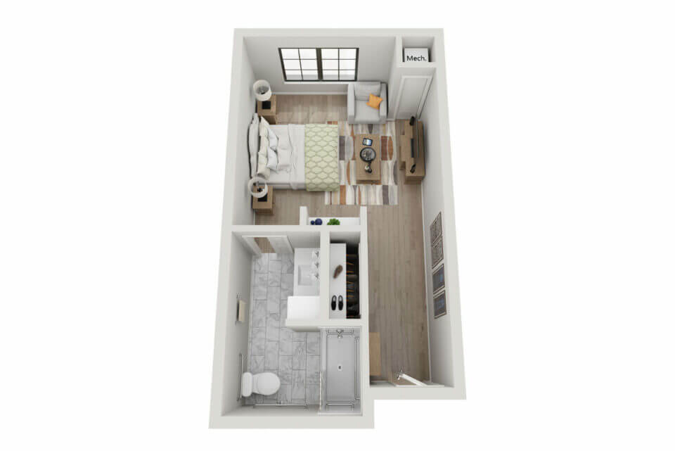 Longleaf Bee Cave The Wooten Memory Care studio floor plan rendering