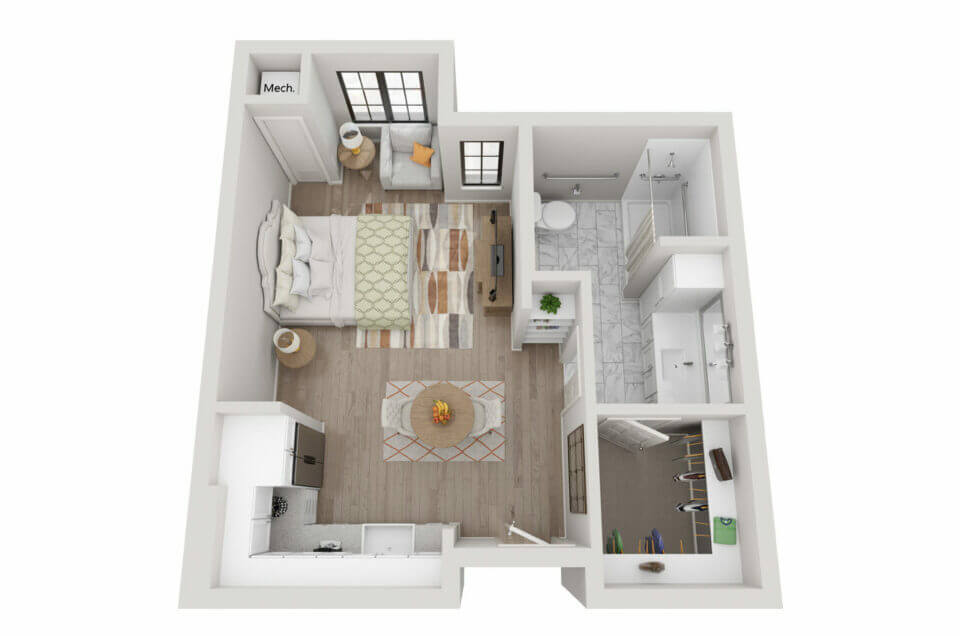 Longleaf Bee Cave The Seaholm studio floor plan rendering